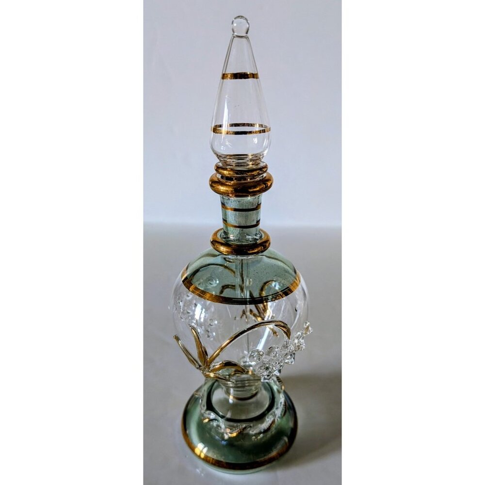 Antique Egyptian Art Glass Perfume Bottle Hand-Blown Gold Painted Grapes 1.5 oz